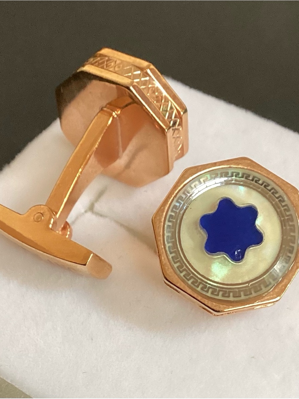 Montblanc Rose Gold-Tone Cufflinks - Blue Star Mother of Pearl Greek Key Motif
